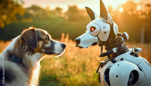 Rencontre entre un chien et un chien robot photo
