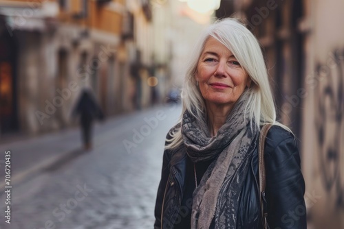 Attractive smiling white haired mature woman posing in a city street looking at the camera photo