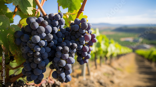 Bunches of ripe fresh grape on the grapevine, soft focus background