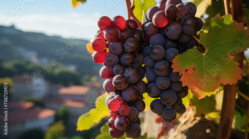 Bunches of ripe fresh grape on the grapevine  soft focus background