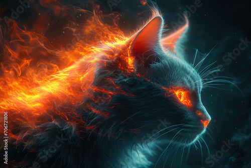 Un gato con forma de llamas y ojos brillantes, al Ilustración realista, realismo colorido, niebla, retratos animales con carácter
