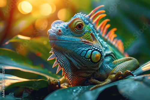 Primer plano de lagarto exótico colorido en una reserva natural con luces del atardecer