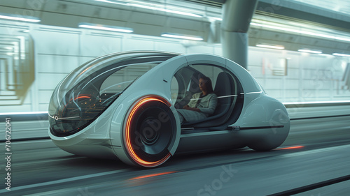 Cityscape commute: Passenger enjoys high-tech ride in autonomous car © Emiliia