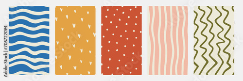 Groovy seamless patterns. Wave, heart, polka dot, line. Set of funky hippie print for textile, cover, print, fabric, packaging. Y2k vector aesthetic.