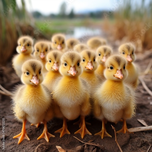 Many beautiful baby ducklings standing image Generative AI
