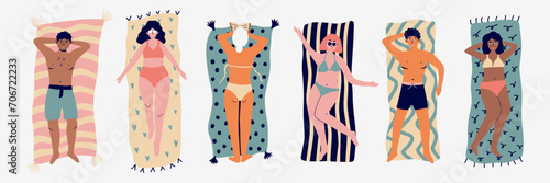 Young women and men sunbathing on the beach set on towels. Beach banner with cartoon characters. Summer vector illustration for banner, cover, stickers.