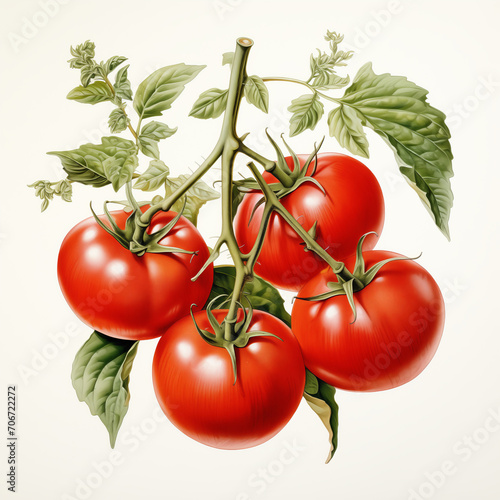 Bunch of red ripe tomatoes on a branch, botanical illustration