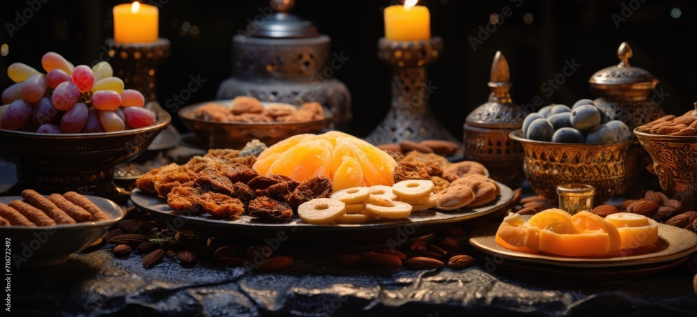 Assorted traditional sweets and nuts display for festive celebration. Cultural cuisine and traditions. Banner.