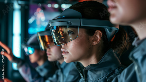 Sleek high-tech glasses on a woman, reflecting futuristic surroundings