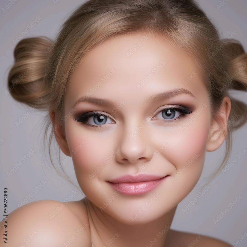 Retrato de estudio de cerca mujer rubia joven sonriente con dos moños en el pelo Retrato de estudio de cerca mujer rubia joven sonriente con dos moños en el pelo