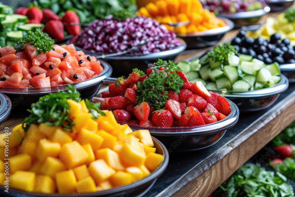 Mesa con Ensaladas y Frutas Coloridas, ecológicas y sostenibles, alimentación saludable