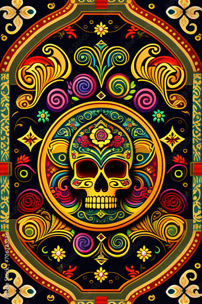 creative background with skulls and ornaments in mexican style, generated by Ai