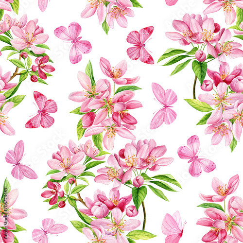 Spring apple flowers and butterfly  floral watercolor background. Seamless pattern. Pink flower hand drawn illustration
