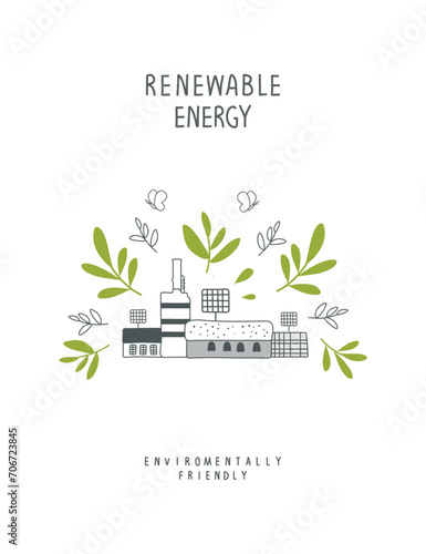 Vector illustration of Environmentally friendly planet. Cartoon sketch of eco factory with solar panels and green leaves. Ecology industry and alternative energy concept.