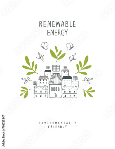 Vector illustration of Environmentally friendly planet. Green branches and hand drawn sketch of eco city, houses with solar panels. Alternative energy concept. 
