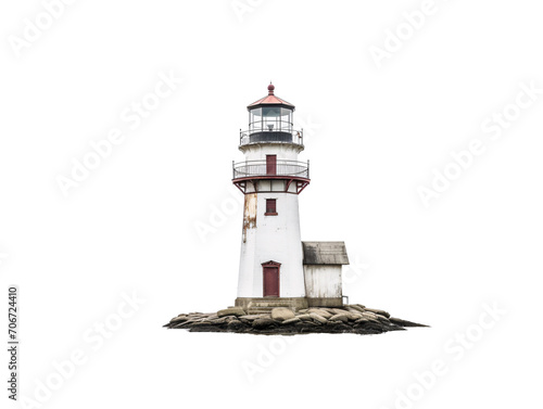 a white and red lighthouse on rocks