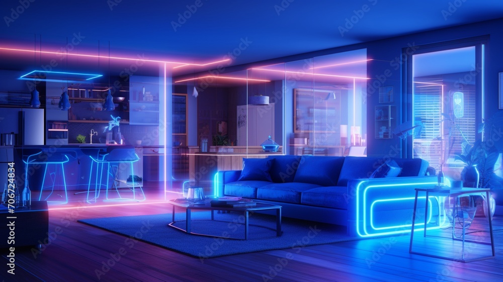 Futuristic modern blue lighting living room neon interior design Futuristic modern blue lighting living room neon interior design