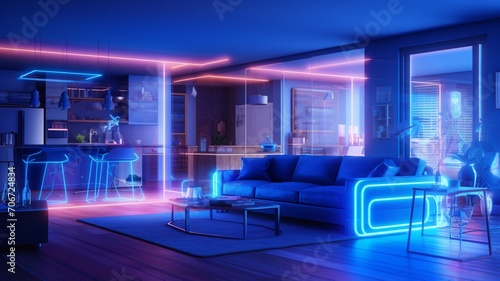 Futuristic modern blue lighting living room neon interior design