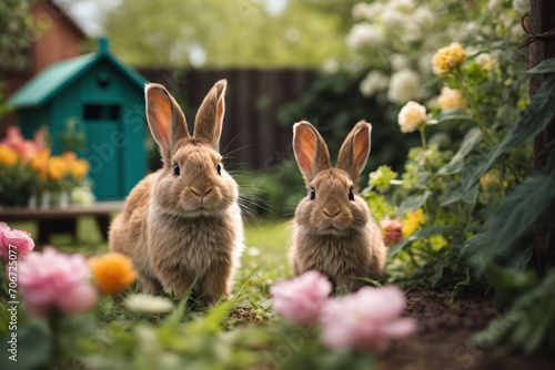 easter bunny with easter eggs in the garden