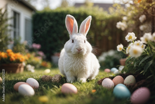 easter bunny with easter eggs in the garden