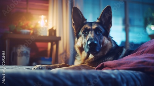 German shepherd dog lying on bed with laptop wallpaper picture 