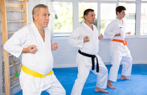Concentrated senior man in white kimono practicing punches in gym during martial arts workout with male group. Concept of active sports lifestyle of elderly people