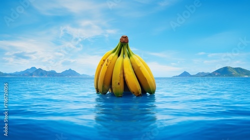 A surreal composition of a single blue java banana against a backdrop of azure water, emphasizing the tropical allure of this unique fruit -Generative Ai © Zia Ur