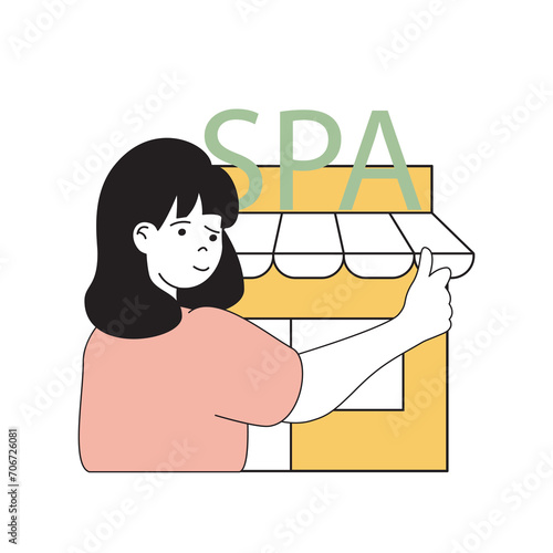 Beauty salon concept with cartoon people in flat design for web. Woman visiting to hairdresser, stylist and beautician at spa studio. Vector illustration for social media banner, marketing material.