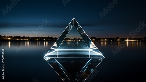 A surreal, crystalline pyramid standing at the edge of a serene lake, its reflective surface mirroring the beauty of the night sky -Generative Ai