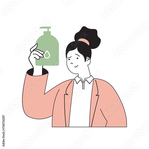 Beauty salon concept with cartoon people in flat design for web. Woman using skincare product, moisturizing cream or cleansing lotion. Vector illustration for social media banner, marketing material.
