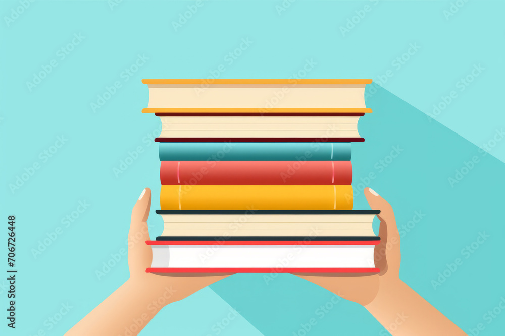 Hands holding pile of books over light blue background. Education, self-learning, book swap, hobby, relax time Hands holding pile of books over light blue background. Education, self-learning, book swap, hobby, relax time