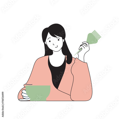 Beauty salon concept with cartoon people in flat design for web. Hairdresser with bowl and brush making professional coloring hair. Vector illustration for social media banner, marketing material.
