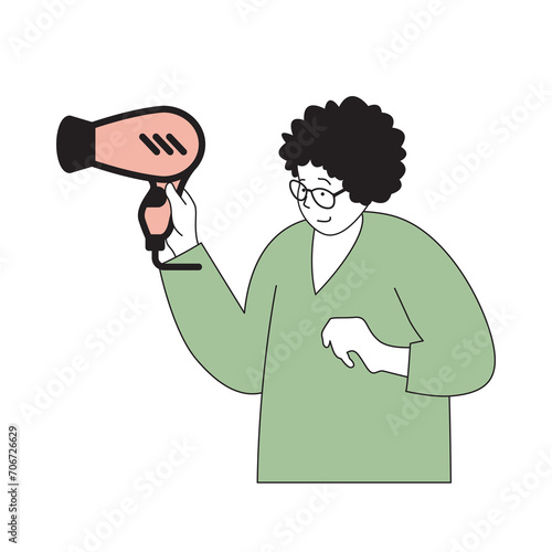 Beauty salon concept with cartoon people in flat design for web. Hairdresser with dryer making hairstyle for client at barbershop. Vector illustration for social media banner, marketing material.