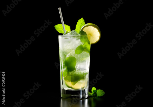 Mojito cocktail, garnished with fresh mint and a slice of lime in a tall glass © Vasyl Onyskiv