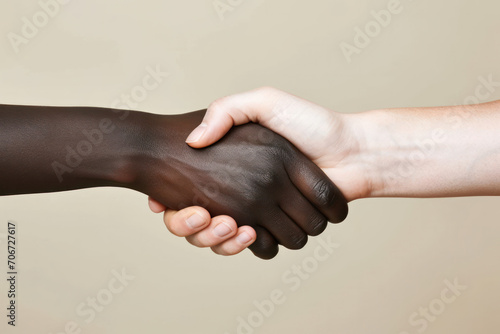 Two hands, one with dark skin and one with light skin, are engaged in a firm handshake against a neutral background, representing diversity, unity, and partnership