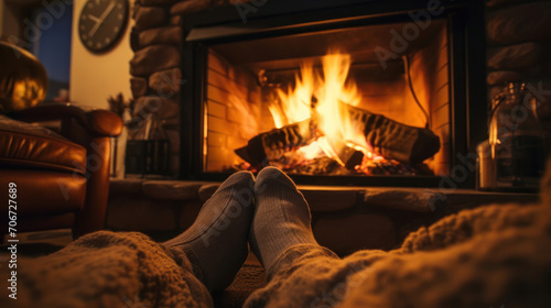Feet clad in soft socks rest near a crackling fireplace, evoking a sense of warmth and relaxation in a homey atmosphere