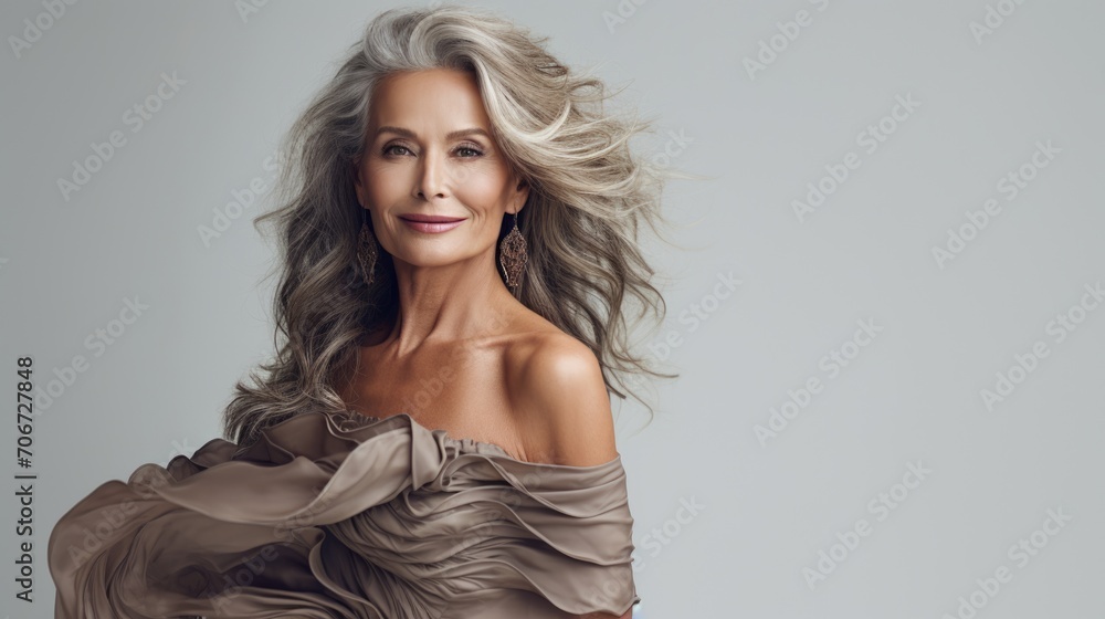 Naklejka premium elegant 60 years old woman in grey hair, ai