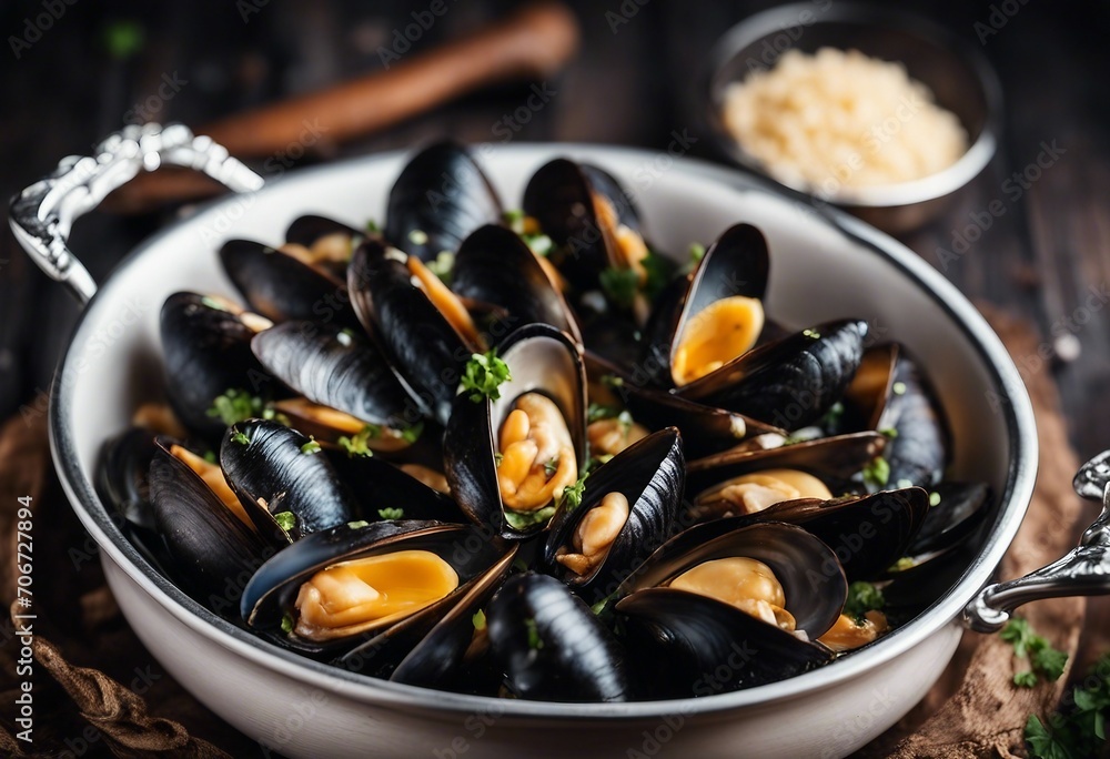 Boiled mussels in copper cooking dish on dark wooden background Boiled mussels in copper cooking dish on dark wooden background