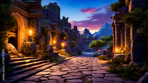 Computer generated image of street in fantasy world at night with mountain range in the background.