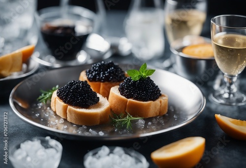 Black caviar on a fresh bread toast with ice in silver bowl and champagne on a table