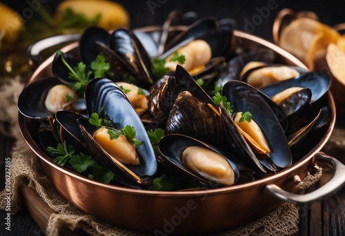 Boiled mussels in a cooking dish on dark wooden table
