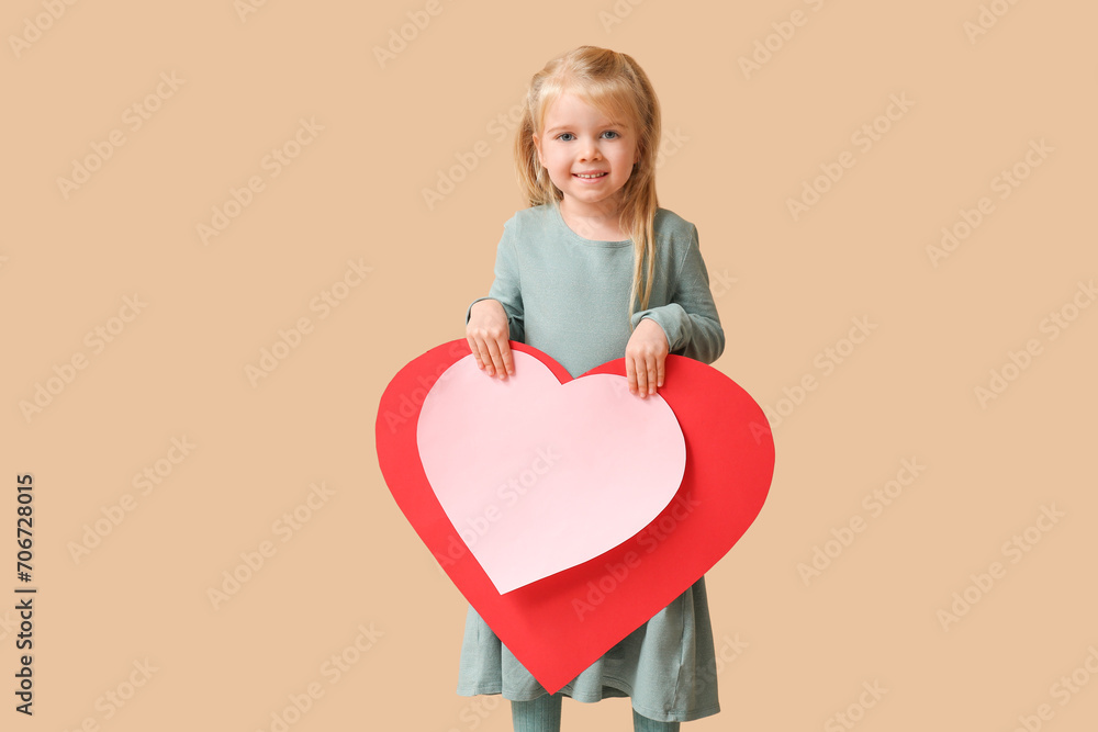 Cute little girl with big paper hearts on beige background. Valentines Day celebration Cute little girl with big paper hearts on beige background. Valentines Day celebration