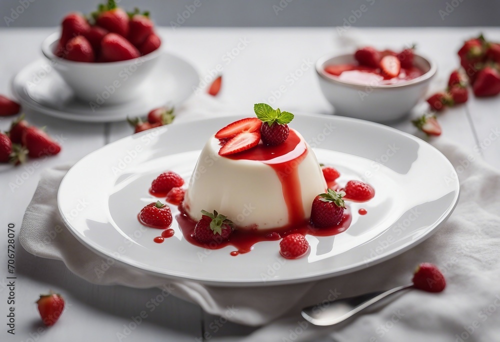 Panna cotta dessert on white plate decorated with strawberry dressing Panna cotta dessert on white plate decorated with strawberry dressing