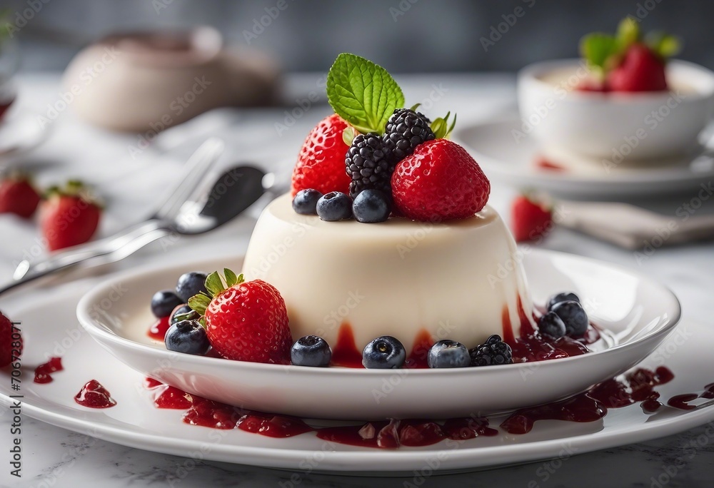 Dessert panna cotta on a white plate decorated with strawberries, blueberries and blackberries Dessert panna cotta on a white plate decorated with strawberries, blueberries and blackberries