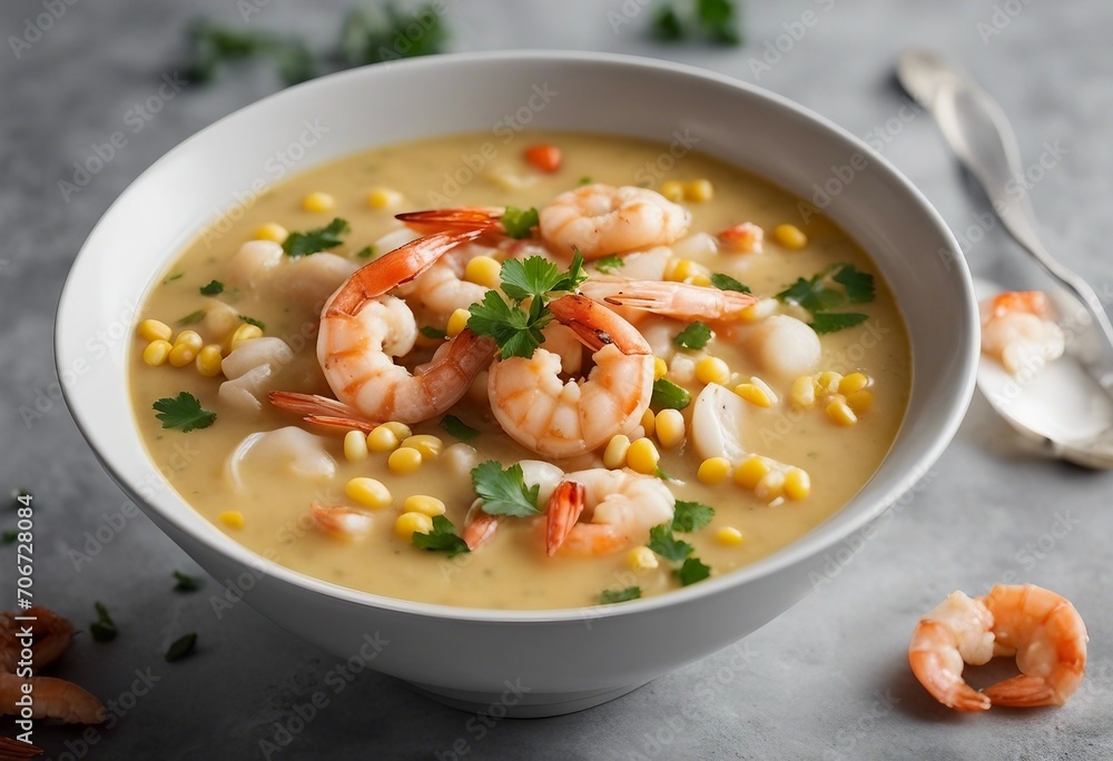 Chowder Crab Soup with shrimps and corn on a concrete table Chowder Crab Soup with shrimps and corn on a concrete table