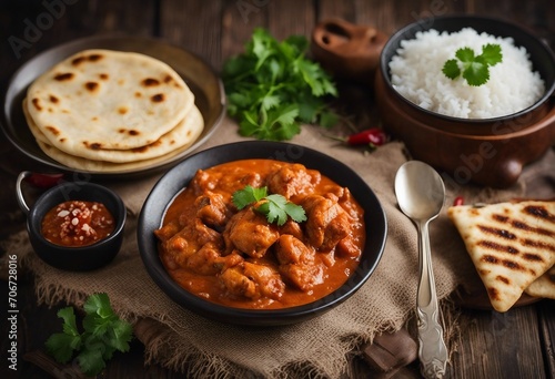 Chicken tikka masala spicy curry meat food with rice and naan bread and spoon on a wooden background