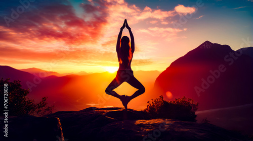 Woman doing yoga on top of mountain with the sun setting in the background.