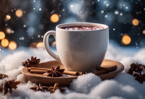 Cup of hot coffee on a snowy background
