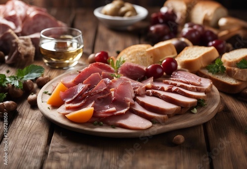 Cold smoked meat plate and bread on a wooden background Breakfast ideas