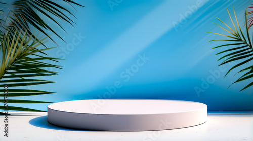 White plate sitting on top of table next to palm tree.